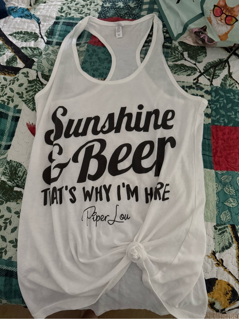 Sunshine & Beer Graphic White Tank Top by Piper Lou, M

I